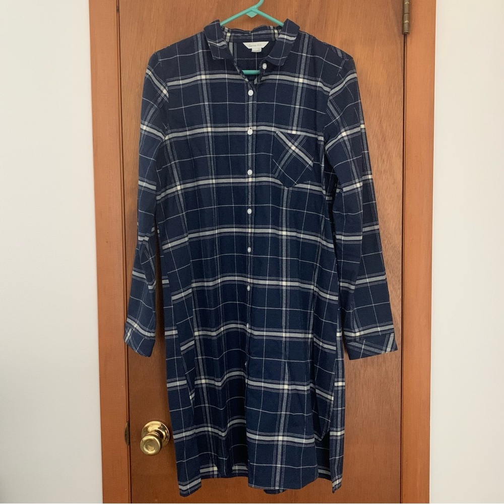 Women’s M GARNET HILL Navy Blue Plaid Flannel Cotton Pocket Shirtdress Dress NEW
